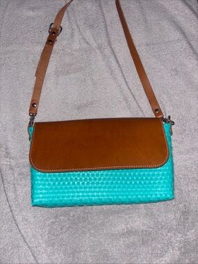 Turquoise Woven Crossbody with Brown Leather Flap